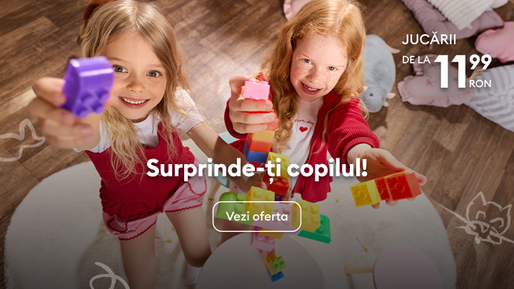 Promovare a ofertelor de jucării pentru copii, menită să încurajeze părinții să descopere idei de cadouri pentru joacă și dezvoltare.