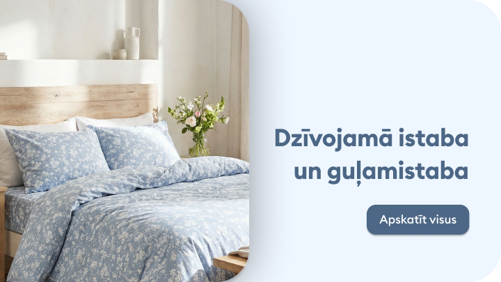 Mājas interjera iedvesma un produktu piedāvājums dzīvojamai istabai un guļamistabai, uzsverot komfortu un mājīgumu.