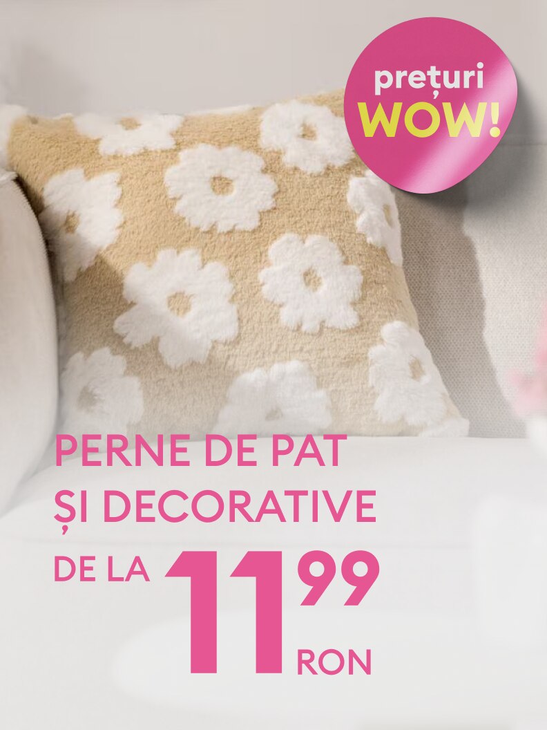 Promovează o ofertă pentru perne de pat și decorative, evidențiind un preț de pornire atractiv pentru cumpărători.