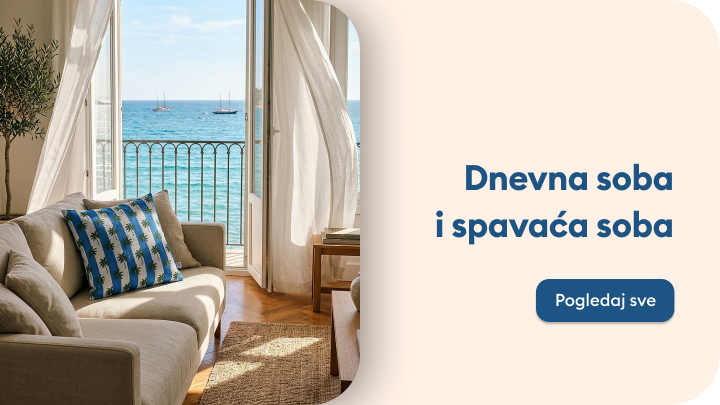 Inspiracija za uređenje doma s fokusom na namještaj za dnevni boravak i spavaću sobu, s naglaskom na udobnost i opuštanje uz pogled na more.