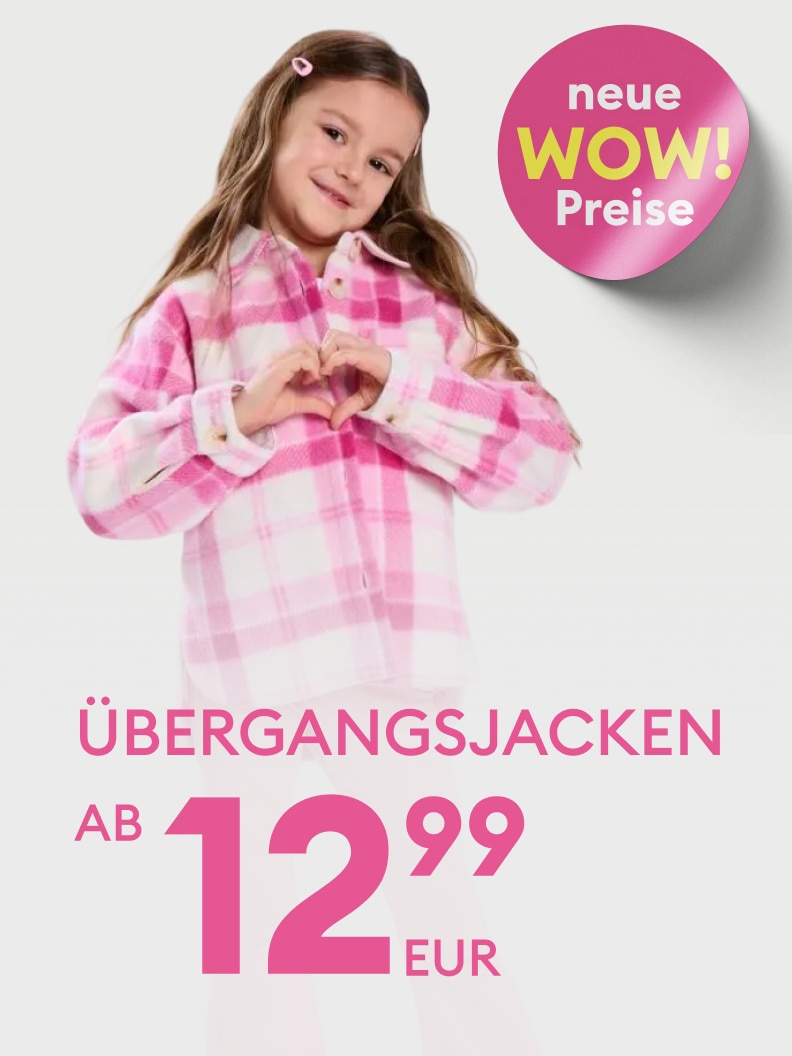 Werbebild für Kinder-Übergangsjacken, das das Produkt am Model präsentiert und auf neue Sonderpreise aufmerksam macht.