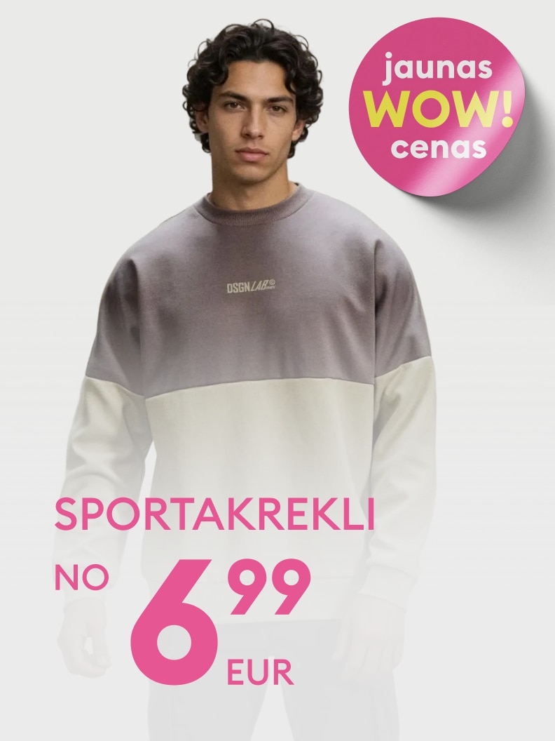 Reklāmas attēls, kas informē par jaunu īpašu piedāvājumu: sporta krekls ar izdevīgu cenu.