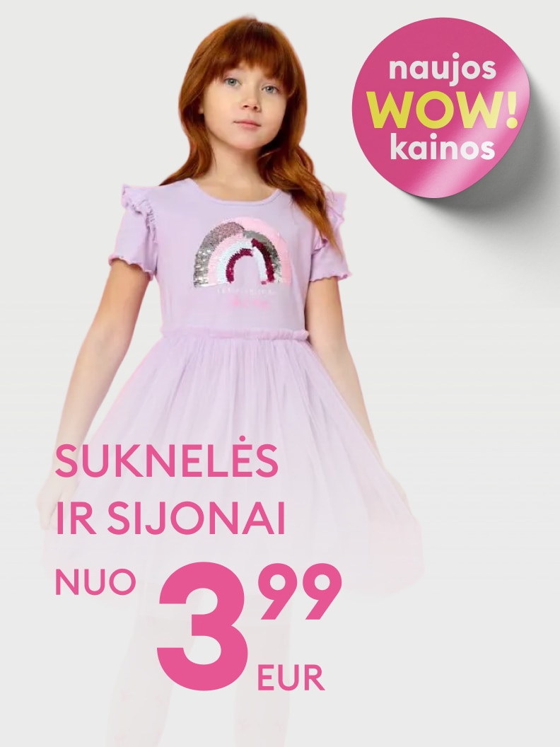 Reklama, pristatanti vaikiškas sukneles ir sijonus su naujais sumažintais pasiūlymais, skatinanti įsigyti prekes už ypač žemą kainą.