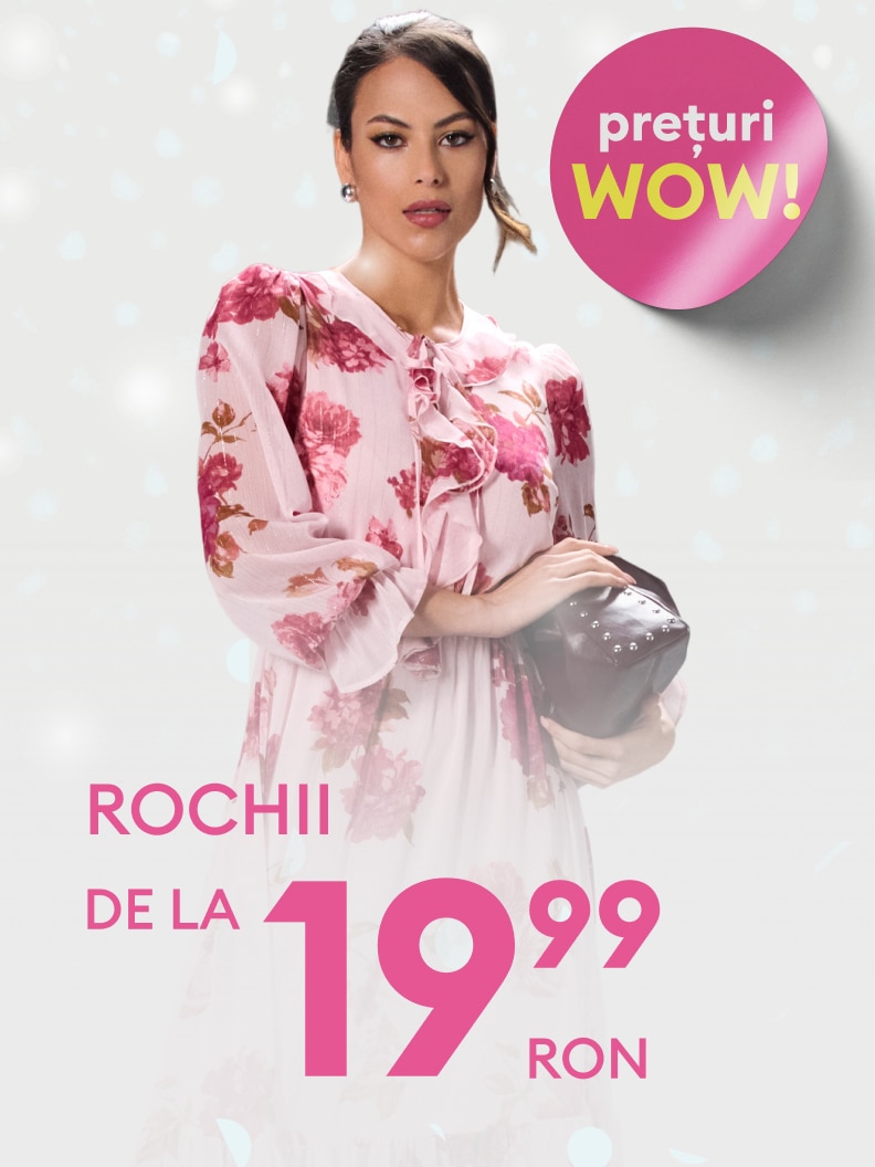 Promocja na sukienki w atrakcyjnej cenie od 19,99 PLN. Obrazek przedstawia stylową sukienkę w kwiatowy wzór, obok widoczne hasło 
