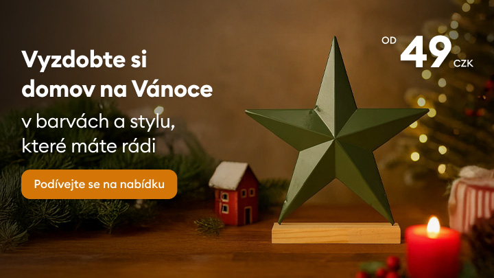 Vyzdobte si svůj domov na Vánoce stylovými dekoracemi, které odrážejí váš vkus. Zjistěte více o naší nabídce krásných doplňků, které můžete mít již od 49 Kč. Prohlédněte si naši kolekci a přidejte kouzlo svátků do svého domova. banner