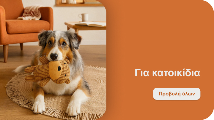 Σκύλος κάθεται σε χαλί κρατώντας μαλακό παιχνίδι στο στόμα του. Κείμενο δίπλα του: «Για κατοικίδια». Κουμπί από κάτω: «Προβολή όλων».