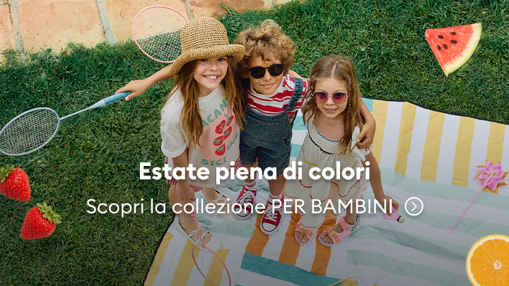 Promozione della collezione estiva per bambini, trasmettendo divertimento all’aperto e abbigliamento adatto al gioco, con invito a scoprire le proposte per l’estate.