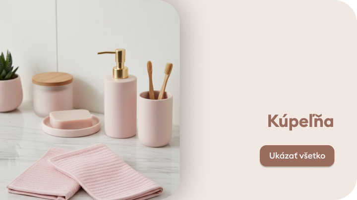 Kúpeľňové doplnky zahŕňajú dávkovač na mydlo, pohár na zubné kefky, misku na mydlo a uteráky usporiadané na mramorovom povrchu. Elegantné a praktické produkty pre vašu kúpeľňu. Text na obrázku: „Kúpeľňa“ a tlačidlo s nápisom „Ukázať všetko“.