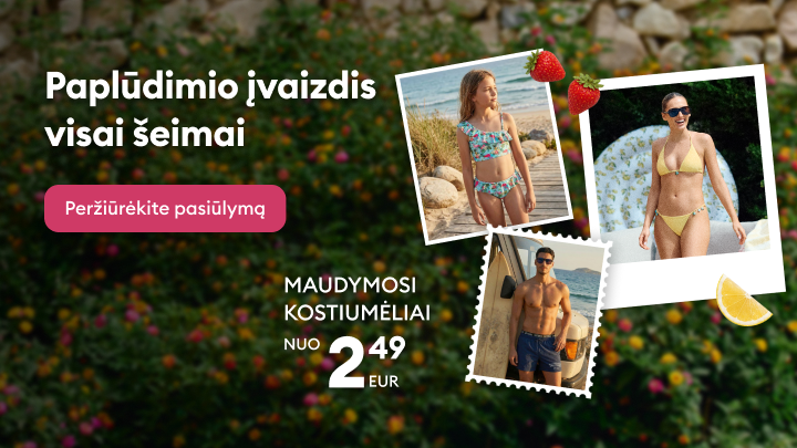 Paplūdimio aprangos pasiūlymas visai šeimai, pristatantis maudymosi kostiumėlius moterims, vyrams ir vaikams bei kviečiantis peržiūrėti prieinamą asortimentą.