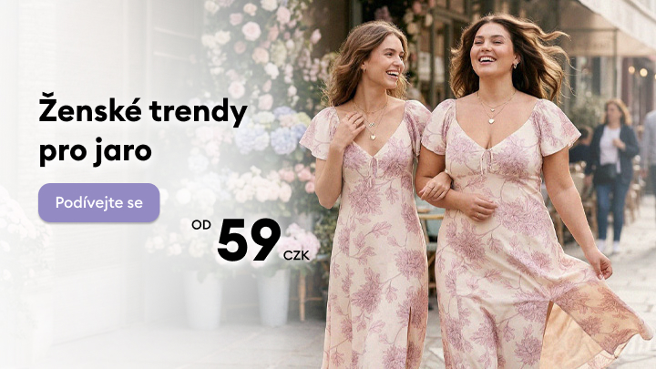 Propagace jarních dámských módních trendů s ukázkou šatů, která má inspirovat k prohlédnutí nabídky a nákupu se zvýhodněnou cenou.