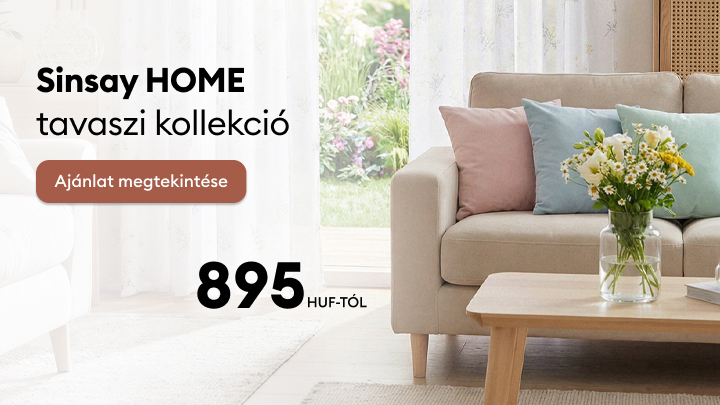 A Sinsay HOME tavaszi lakásdekorációs kollekció promóciója, amely inspirációt ad a nappali berendezéséhez és az aktuális ajánlat megtekintésére ösztönöz, kedvező árakkal.