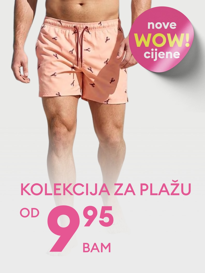 Promocija muške kolekcije za plažu s naglaskom na kupaće šorceve, uz nove snižene cijene i ponudu dostupnu već od 9,95 BAM.