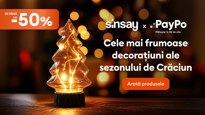 Cele mai frumoase decorațiuni pentru sezonul de Crăciun sunt disponibile acum la Sinsay, cu reduceri de până la 50%. Alege PayPo pentru a plăti în 30 de zile. Descoperă oferta și adaugă un strop de magie sărbătorilor tale!
