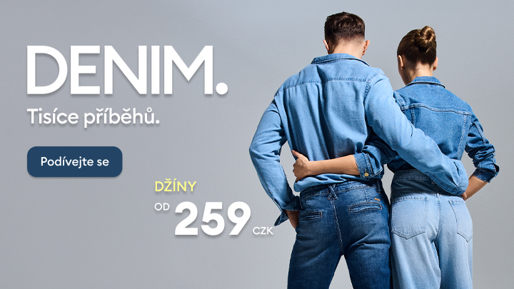 Reklama na džínové oblečení, prezentuje nabídku džínů a vyzývá k prohlédnutí sortimentu.