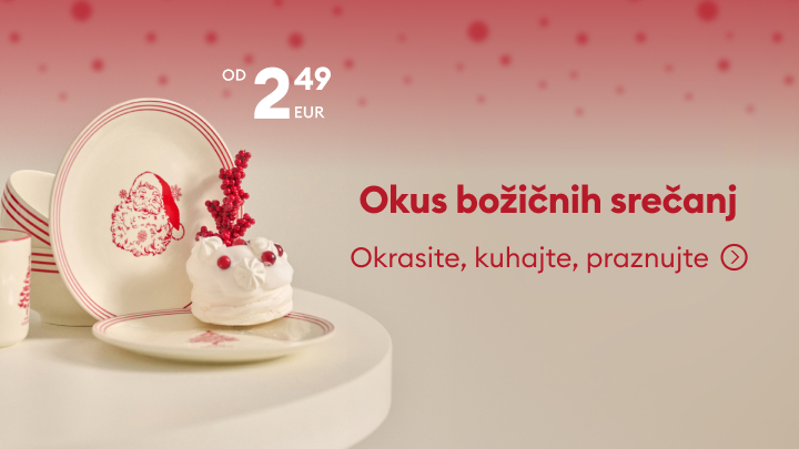 Okus božičnih srečanj. Na sliki se nahaja praznična posoda s prazničnimi motivi in dekorativna sladica v božičnem slogu. Posoda je na voljo po ceni od 2,49 EUR. Sporočilo vabi k okraševanju, kuhanju in praznovanju. Prazniki so priložnost za ustvarjanje lepih spominov. banner