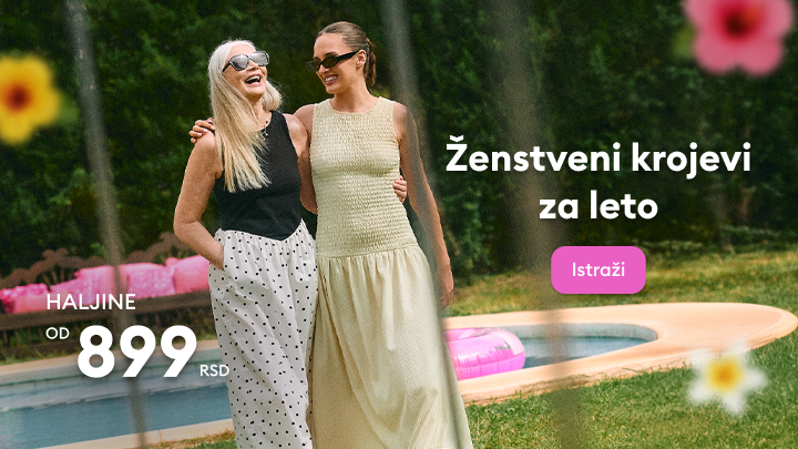 Promocija ženskih letnjih haljina i odevnih kombinacija, prikaz kako izgledaju u upotrebi i poziv da se istraži aktuelna ponuda po pristupačnim početnim cenama.