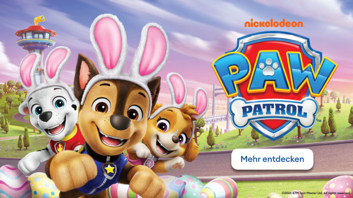 Werbebanner zur Bewerbung von Paw Patrol von Nickelodeon mit fröhlichen Figuren im Osterkontext, der Nutzer dazu einlädt, Inhalte oder Angebote zu entdecken.