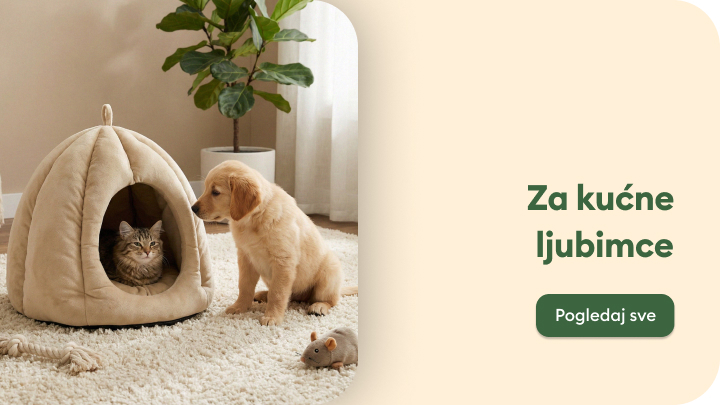 Promocija ponude proizvoda za kućne ljubimce, naglašava udobnost, sigurnost i zajednički život pasa i mačaka u domu.