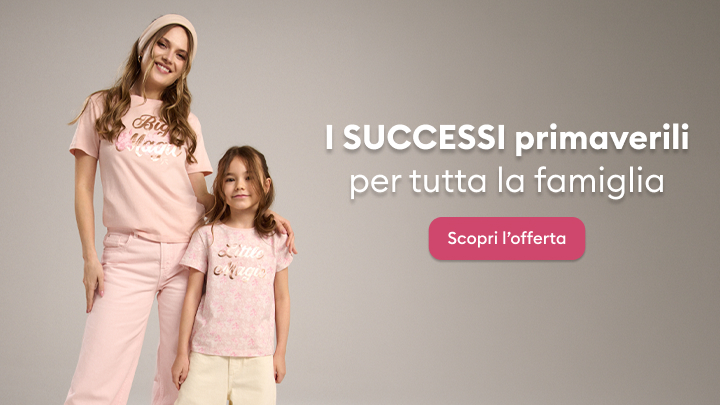 Banner promozionale che comunica una collezione primaverile coordinata per adulti e bambini e invita a esplorare le offerte dedicate a tutta la famiglia.