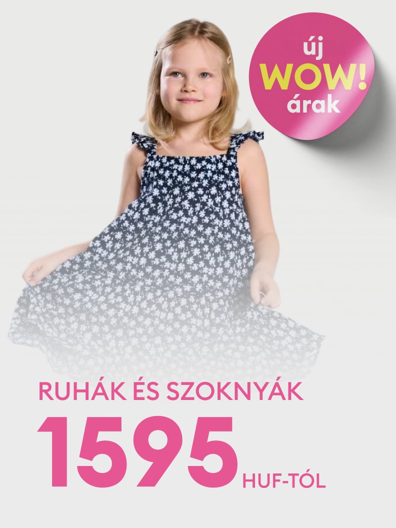 Gyermek ruhák és szoknyák promóciója új kedvezményes árakkal, már 1595 Ft-tól, vásárlás ösztönzésére.
