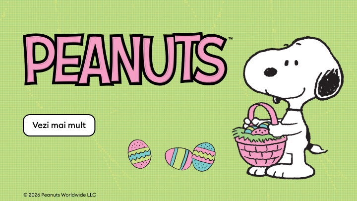 Banner promoțional pentru universul Peanuts cu tematică de Paște, prezentând personajul Snoopy și sugerând explorarea de conținut sau produse asociate.