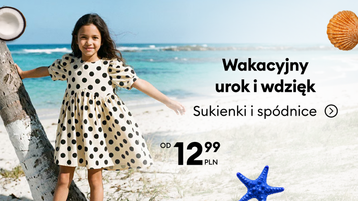 Promocja wakacyjnej kolekcji sukienek i spódnic dla dzieci, inspirowanej letnim wypoczynkiem, z informacją o cenach od 12,99 PLN.