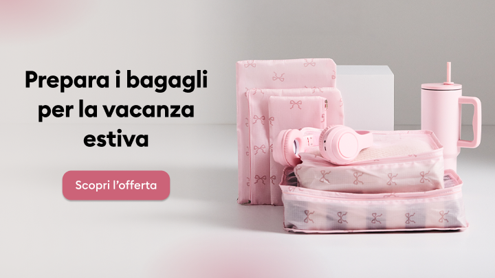 Promozione di accessori per organizzare i bagagli e prepararsi alla vacanza estiva, con invito a scoprire un’offerta dedicata.