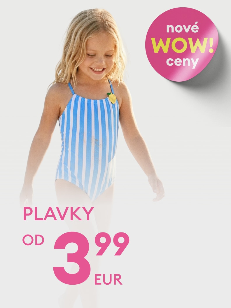 Reklamná komunikácia propagujúca detské plavky s výraznou akciovou ponukou a nízkou štartovacou cenou od 3,99 €.