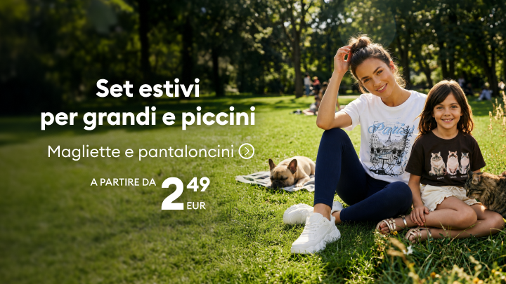Promozione di set estivi coordinati per adulti e bambini, ideali per il tempo libero all’aperto, che comunica un’offerta conveniente su magliette e pantaloncini per tutta la famiglia.