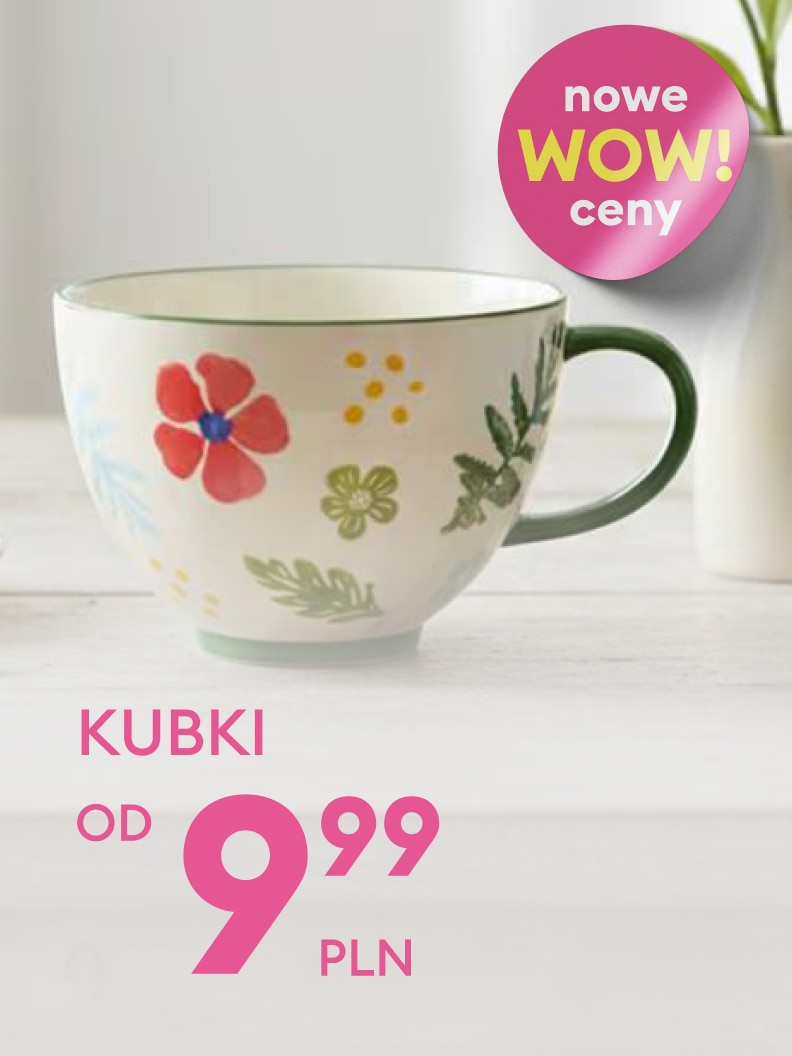 Promocja kubków z motywem roślinnym, zachęcająca do zakupu poprzez podkreślenie nowej, atrakcyjnej ceny.