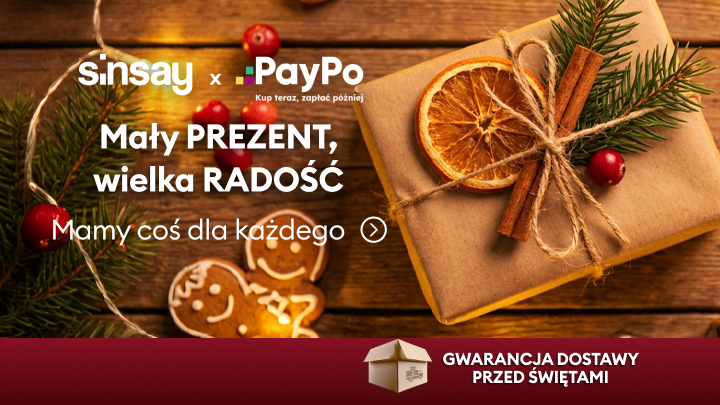 Mały prezent, wielka radość – oferta Sinsay we współpracy z PayPo. Skorzystaj z opcji „Kup teraz, zapłać później”. Gwarancja dostawy przed świętami. Idealne propozycje na prezenty dla każdego. Sprawdź i wybierz coś wyjątkowego już teraz.