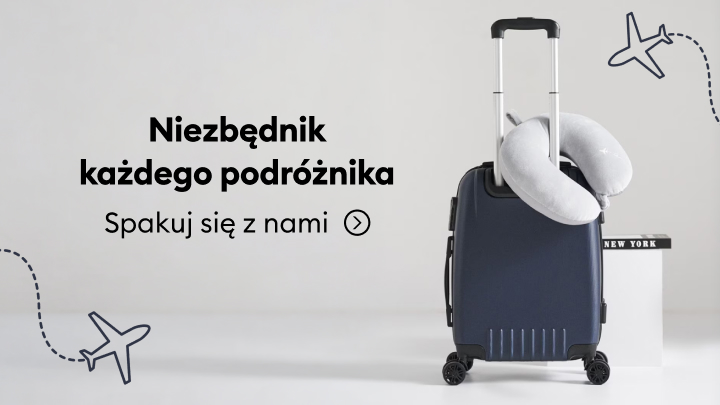 Grafika promująca niezbędne akcesoria podróżne i walizkę, zachęcająca do przygotowania się do wyjazdu i spakowania bagażu.