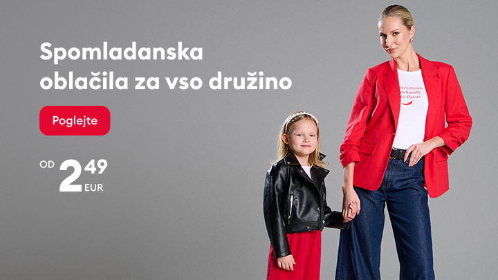 Promocija spomladanskih oblačil za vso družino z možnostjo ogleda ponudbe in začetnimi cenami od 2,49 EUR.