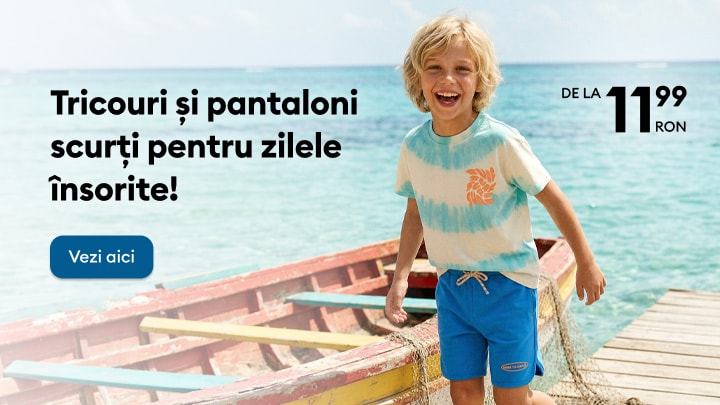 Promoție la tricouri și pantaloni scurți pentru copii, ideale pentru zile însorite și vacanțe de vară la preț avantajos.