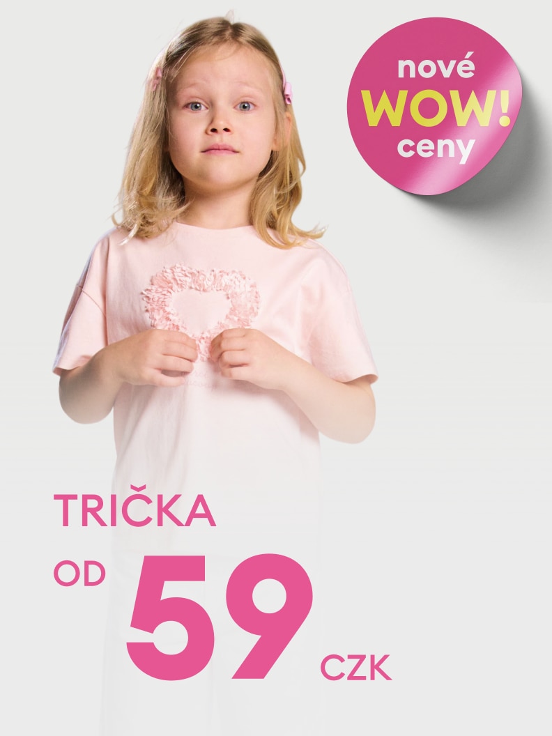 Propagační sdělení o nové cenové nabídce dětských triček se startovní cenou od 59 Kč.