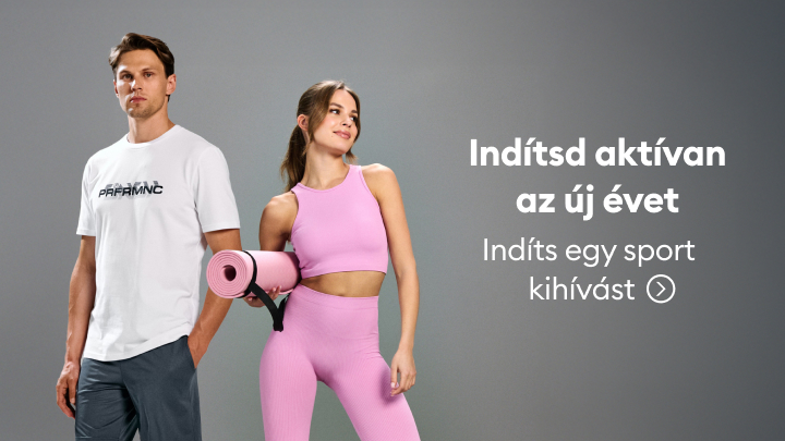 Indítsd aktívan az évet sporttal! A képen két ember látható edzéshez készülődve, egyikük jógaszőnyeget tart. A felirat sportos életmódra ösztönöz, és arra buzdít, hogy kezdj egy sportkihívást az új évben.