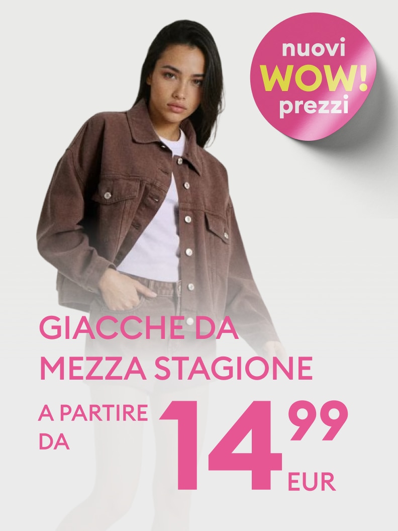 Promozione di giacche da mezza stagione con nuovi prezzi vantaggiosi, presentate su una modella, con prezzo di partenza 14,99 EUR.