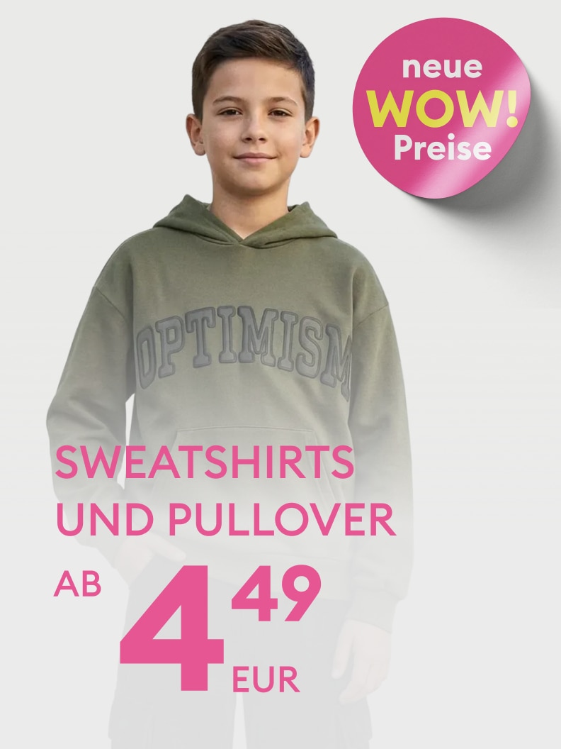Werbliche Ankündigung für ein Angebot: Sweatshirts und Pullover für Kinder zu neuen Niedrigpreisen ab 4,49 €.