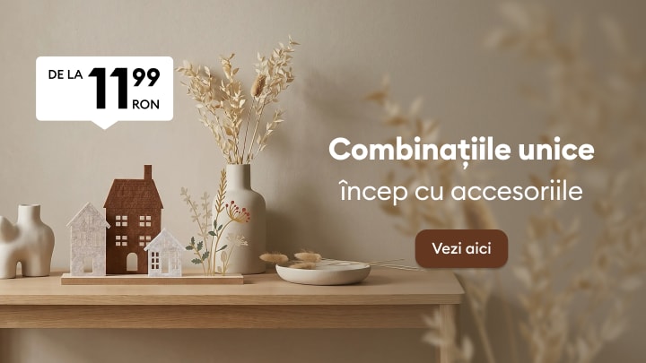 Promoție la accesorii decorative pentru casă, cu prețuri începând de la 11,99 RON și inspirație pentru combinații de decor elegante