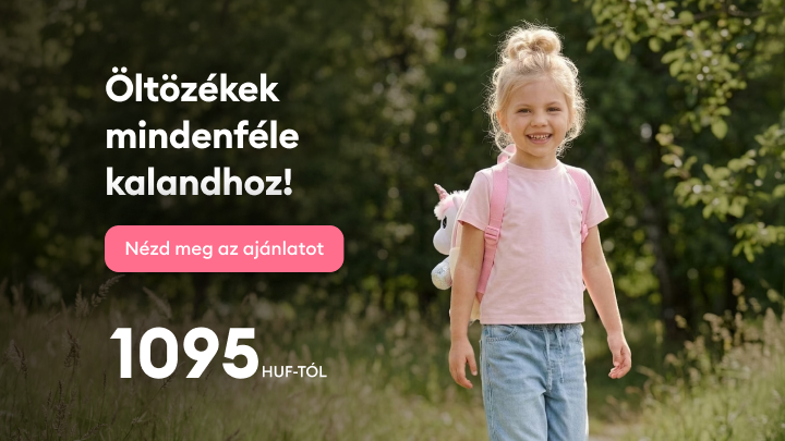 Gyermekruházati ajánlatok bemutatása aktív szabadtéri kalandokhoz, kedvező kezdőárral, vásárlásra ösztönző promóció.