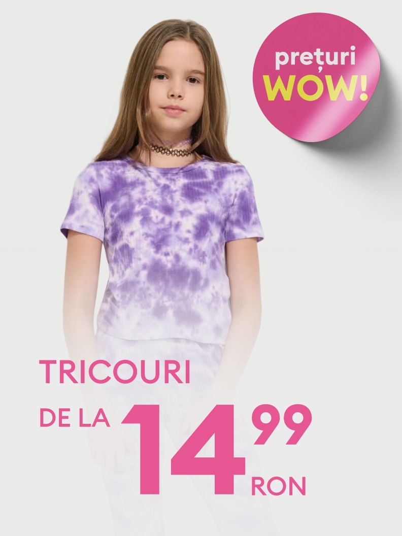 Promovare tricouri pentru copii, prezentând o ofertă specială cu preț de pornire avantajos de 14,99 RON, destinată atragerii atenției asupra reducerilor disponibile.