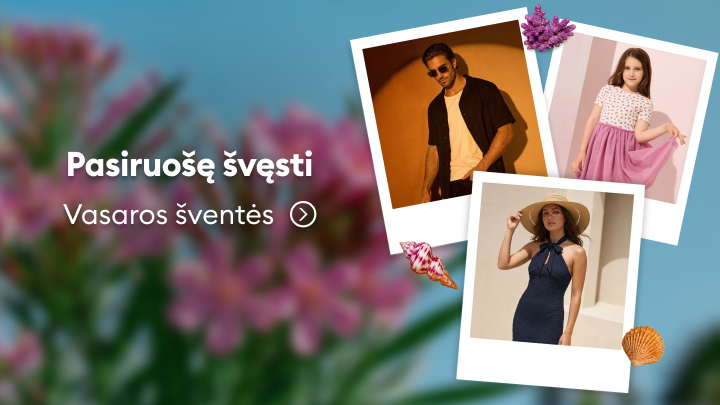 Kvietimas pasiruošti vasaros šventėms ir peržiūrėti šventinių drabužių bei aksesuarų kolekciją moterims ir vyrams.