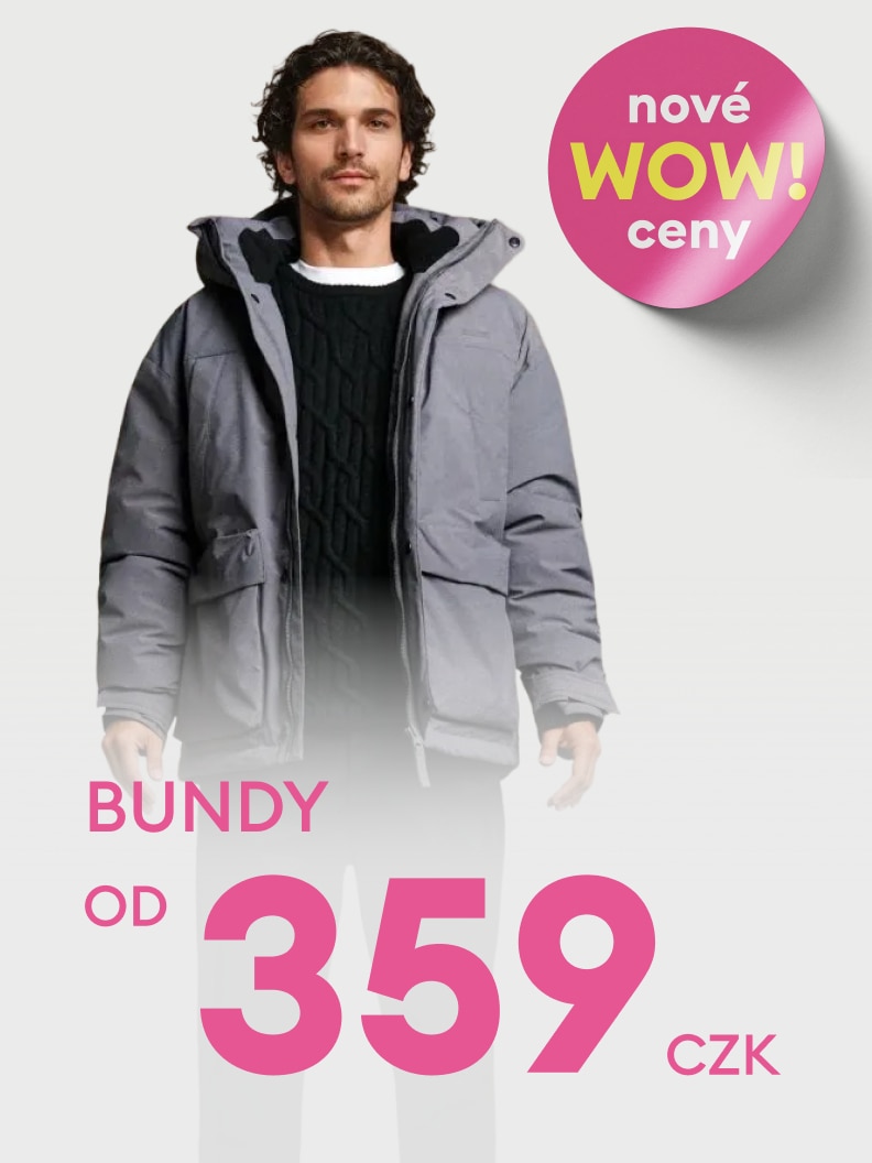 Nová nabídka bund za ceny od 359 CZK. Text zdůrazňuje cenovou výhodnost s heslem „nové WOW ceny“. Promoakce je zaměřená na zimní bundy.