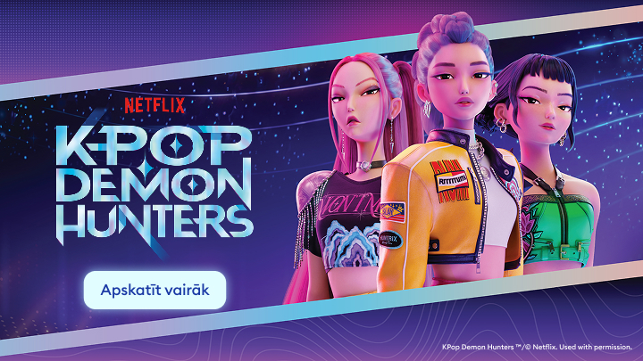 Netflix seriāla K‑Pop Demon Hunters reklāmas vizuālis, kas aicina iepazīties ar seriālu.