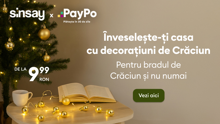 Înveselește-ți casa cu decorațiuni de Crăciun începând de la 9,99 RON. Descoperă ornamente pentru bradul de Crăciun și nu numai. Oferta disponibilă online pe Sinsay, cu opțiunea de plată prin PayPo în 30 de zile. Apasă butonul „Vezi aici” pentru mai multe detalii. banner