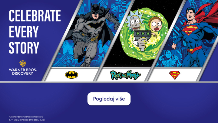Proslavite svaku priču uz Warner Bros. Discovery. Prikazani su Batman, likovi iz serije Rick and Morty i Superman, simboli popularnih priča koje inspirišu generacije. Kliknite na 