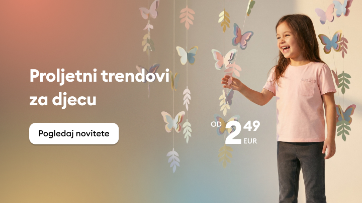 Promotivna poruka o proljetnim trendovima za dječju odjeću s pozivom na pregled noviteta i istaknutom početnom cijenom.
