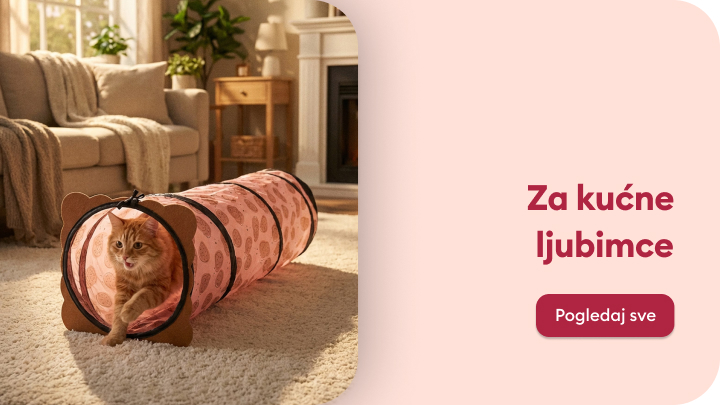 Promotivna poruka za ponudu opreme za kućne ljubimce, prikazuje mačku koja se igra u tunelu kako bi naglasila zabavu i udobnost proizvoda.