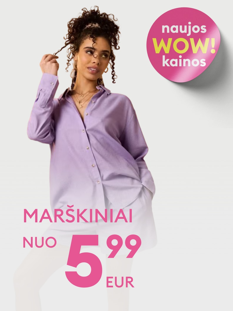 Reklaminė mados pasiūlymo žinutė apie marškinių išpardavimą su naujomis žemomis kainomis, pradedant nuo 5,99 EUR.