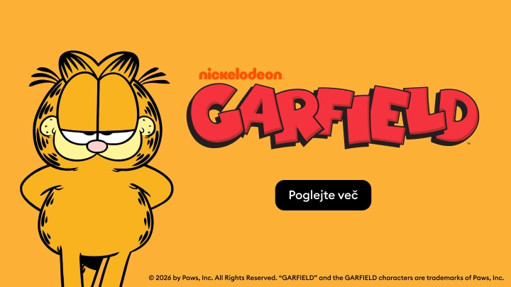 Promocija kolekcije Garfield z likom Garfielda in povezavo za ogled ponudbe izdelkov.